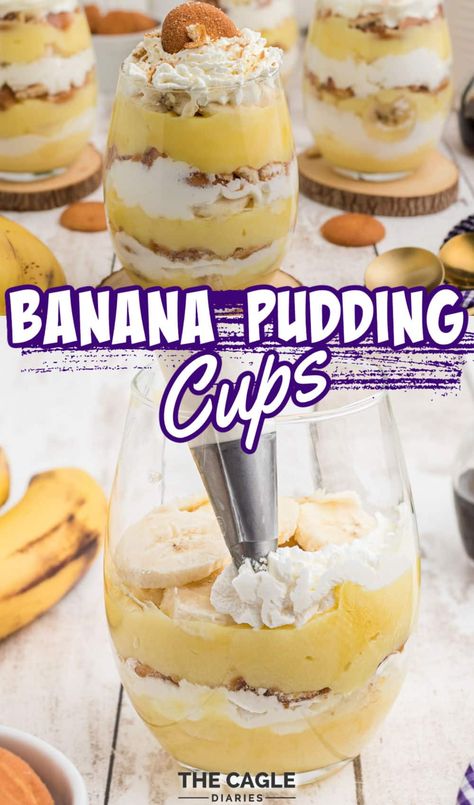 Banana pudding cups being made in individual glasses, perfect single serving banana pudding desserts that are super simple to make and you could make them in any kind of glass. Banana Pudding Single Serve, Banana Pudding Cake Cups, Banana Pudding Cups Individual, Individual Banana Pudding Cups, Single Serving Desserts, Banana Pudding Cups, Old Fashioned Banana Pudding, Breakfast Dessert Recipes, Southern Recipes Desserts