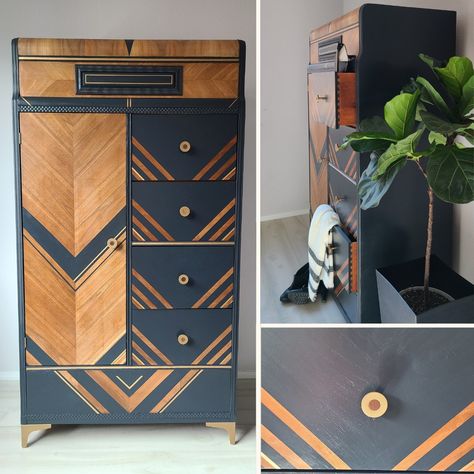 Just a throwback to this Art Deco Chiffarobe - That went to home that was built to around the same time as them. My client wanted to get as much furniture and items from the early 1900 as they could! ⁣This beauty was one of them. #RefinishedFurnitureTour #refinishedfurnituretour199 #artdecofurniture #artdecochiffarobe #chiffarobe #waterfallfurniturerestoration #waterfallartdeco #walnutfurniture #walnutveneer #blackandwalnut #furniturereimagined #furnitureartist Art Deco Wardrobe Upcycle, Funky Nightstand, Waterfall Dresser Makeover, Art Deco Wardrobe, Waterfall Dresser, Waterfall Vanity, Moody Bedroom Ideas, Art Deco Dresser, Unusual Furniture