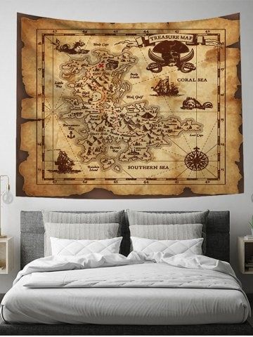 Retro Treasure Map Print Tapestry Wall Hanging Art Decoration - BURLYWOOD - W51 X L59 INCH Wall Tapestry Decor, Caribbean Decor, Map Tapestry, Pirates Gold, Pirate Treasure Maps, Living Room Dorm, Dragon Decor, Treasure Map, Island Map