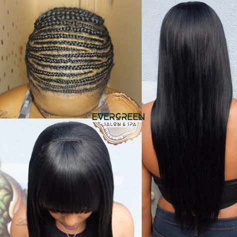 Long Straight Weaves For Black Women, Full Sewin With Bangs, Yaki Hairstyles, Braid Pattern For Wig, How To Make Braid Wigs, Braid Foundation For Wig, Weave Braids, Wig Construction, Weave Techniques