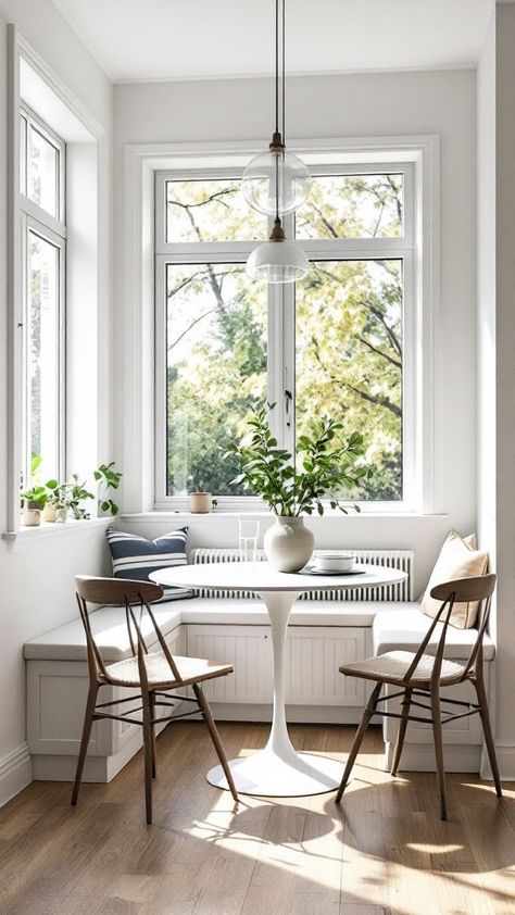 Set the scene for intimate meals in a cozy corner with a circular table, elegant dinnerware, and a backdrop of shelves filled with cookbooks and decorative jars 🍽️📚. Kitchen Nook Ideas, Cozy Kitchen Nook, Nook Ideas, Sipping Coffee, Kitchen Stand, Circular Table, Kitchen Nook, Cozy Kitchen, Built In Bench