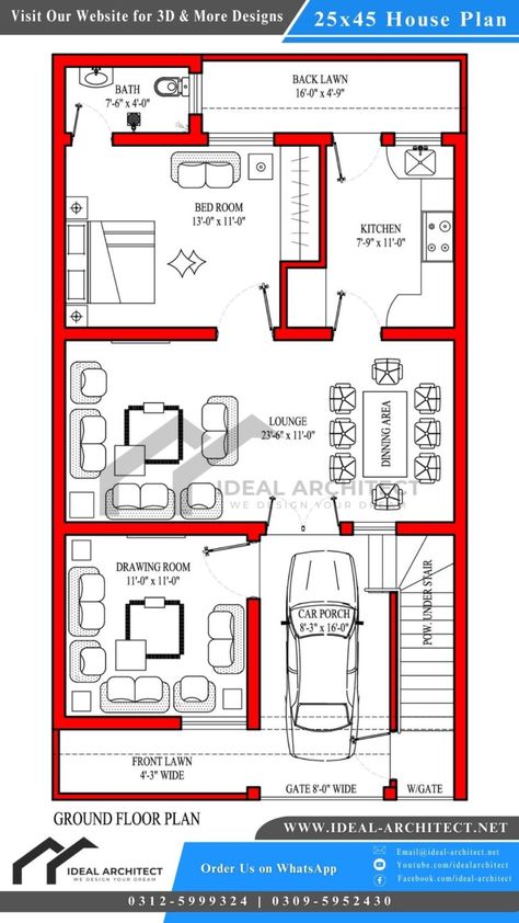 25x45 House Plan 1 25x45 House Plans, 5 Marla House Design, 5 Marla House Plan, 10 Marla House Plan, A House Plan, 20x40 House Plans, Ventilation Design, Maids Room, Front Elevation Designs