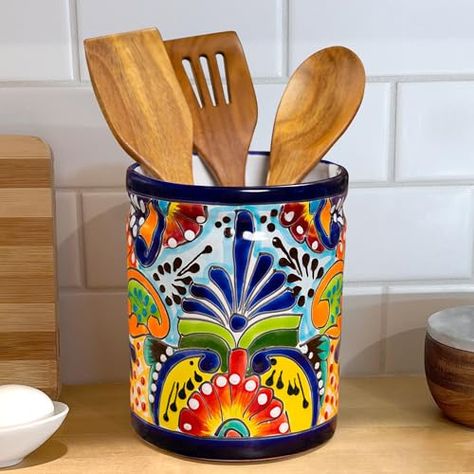 Cooking Utensil Holder, Mexican Talavera Pottery, Ceramic Utensil Holder, Colorful Kitchen Decor, Mexican Ceramics, Cerámica Ideas, Utensil Crock, Ceramic Spoon Rest, Talavera Pottery