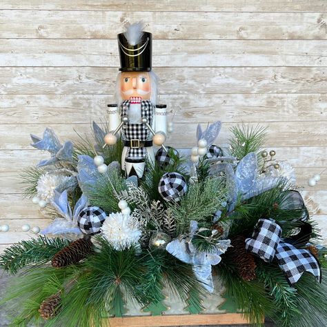 Winter Centerpieces For Table, White Allium, Large Nutcracker, Christmas Arrangements Centerpieces, Winter Centerpiece, Centerpiece For Table, Christmas Flower Decorations, Holiday Table Decor, Nutcracker Decor