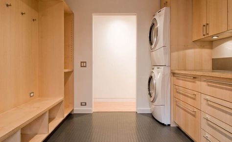 laundry room rubber flooring | Laundry room with grey rubber flooring Stair Cupboard, Pantry Floor, Mid Century Modern Renovation, Landry Room, Laundry Mudroom, Mudroom Laundry, Small Laundry Room Organization, Modern Laundry, Modern Remodel