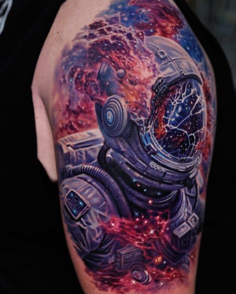 What happens when you get a leak in your astronaut suit? Well.. nebula space dust fills your long and you go POP, atleast here you do haha This was not only a fun piece to tattoo, but also a fun one to create! As creators, there is a huge honor in being able to create tattoo work that is unique to a client. This was created at the @meadowlandstattooartsfestival expo this weekend! Thank you @tattooarmour_usa for hosting and thank you to everyone who stopped by! Tattoos Man, Create Tattoo, Space Tattoos, Nebula Space, Astronaut Suit, Space Dust, Space Tattoo, Tattoo Work, Next Stop