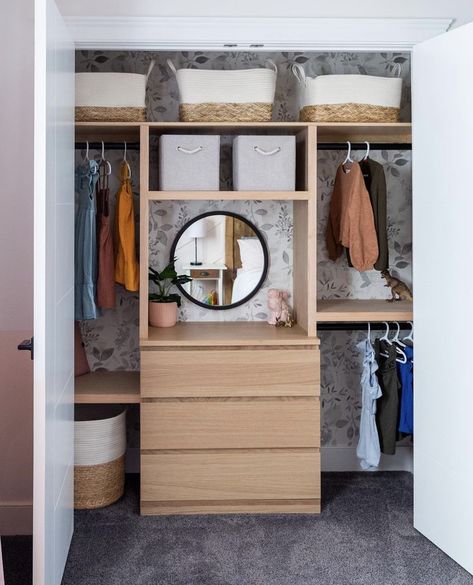 Closet With Malm Dresser, Malm In Closet, Closet With Ikea Dresser, Malm Dresser Hack Closet, Small Step In Closet Ideas, Reach In Closet With Vanity, Dresser Closet Ideas, Kids Closet With Dresser Inside, Dresser Inside Closet Ideas