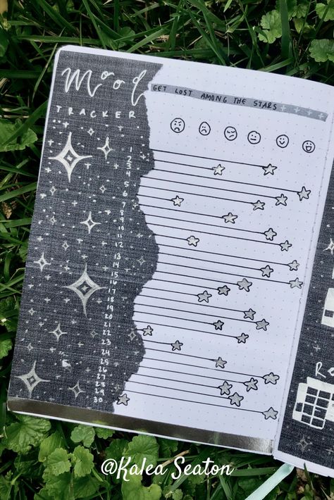 Celestial Mood Tracker, Celestial Journal Ideas, Celestial Bullet Journal Theme, Space Bullet Journal, Moon Bullet Journal, January Spread, Journal Ideas Pages, 2023 Bujo, Bullet Journal Mood Tracker