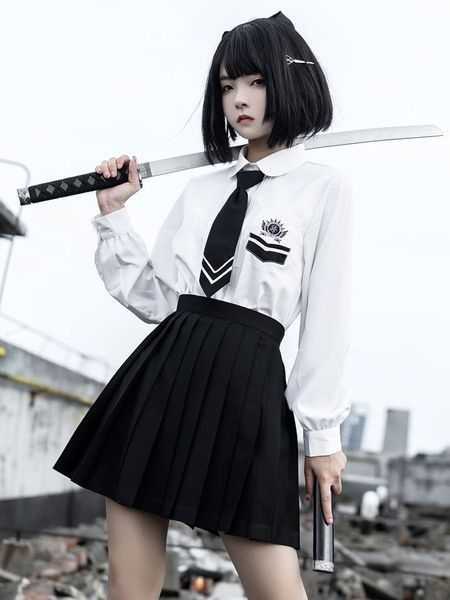 Samurai Girl, Peter Pan Collar Shirt, White Long Sleeves, Photographie Portrait Inspiration, Female Pose Reference, Body Reference Poses, Human Poses Reference, Half Skirt, Figure Poses