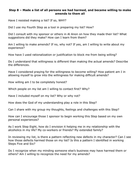 Step 8 questions Step 8 Aa Worksheet, Aa Prayers, 12 Step Worksheets, Al Anon, 12 Steps Recovery, Relapse Prevention, 1 Worksheet, Recovering Addict, Recovery Inspiration