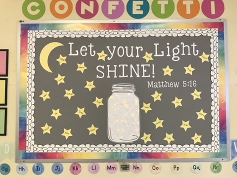 Let your Light SHINE! September Bulletin Board...watercolor theme. With firefly lights! Light Theme Bulletin Board, Kindergarten Bulletin Board Ideas Back To School, Shining Star Bulletin Board Ideas, May Theme Bulletin Boards, Awana Sparks Bulletin Board Ideas, Shine Your Light Bulletin Board, Be The Light Decorations, Fireflies Bulletin Board, Let Your Light Shine Classroom Door