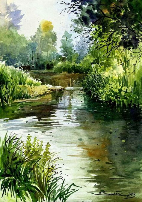 Watercolor landscape forest stream river water Forest Stream, Landscape Forest, Watercolour Landscape, River Water, Art Aquarelle, 수채화 그림, Watercolor Landscape Paintings, Lukisan Cat Air, Watercolor Trees