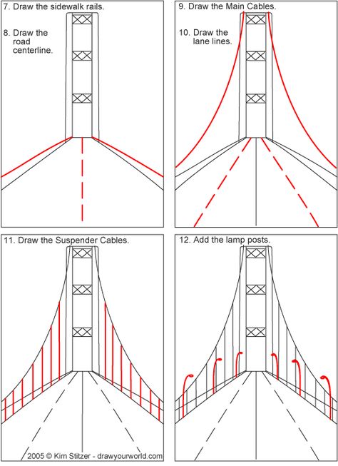 Great excercise for studying Da Vinci and perspective.  Draw a Suspension Bridge, Tacoma Narrows Bridge Drawing, Perspective Drawing Lessons, Desain Buklet, Art Worksheets, Perspective Art, Architecture Drawing Art, Homeschool Art, Perspective Drawing, Suspension Bridge