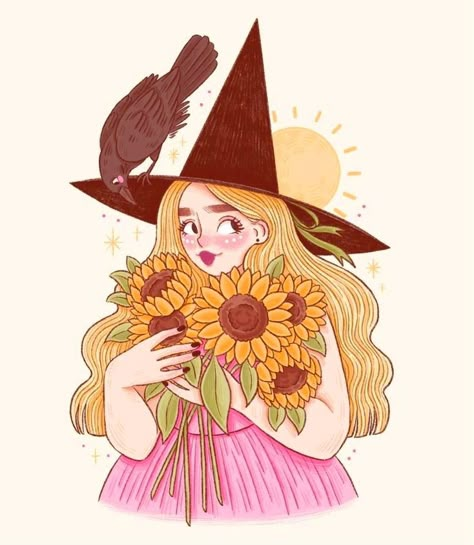 Marigona Suli, Sunflower Witch, Sunflower Theme, Witch Design, The Sunflower, Magical Art, Witch Art, Witch Aesthetic, Coloring Book Art