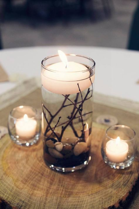 Floating Candles Memorial, Floating Candles On Wood Centerpieces, Floating Candle String Lights, Floating Candle Ideas Table Decorations, Simple Rustic Wedding Centerpieces Diy, Floating Tea Light Centerpiece, Fall Floating Candle Centerpieces, Floating Candle Ideas, Floating Candles Wedding Centerpieces