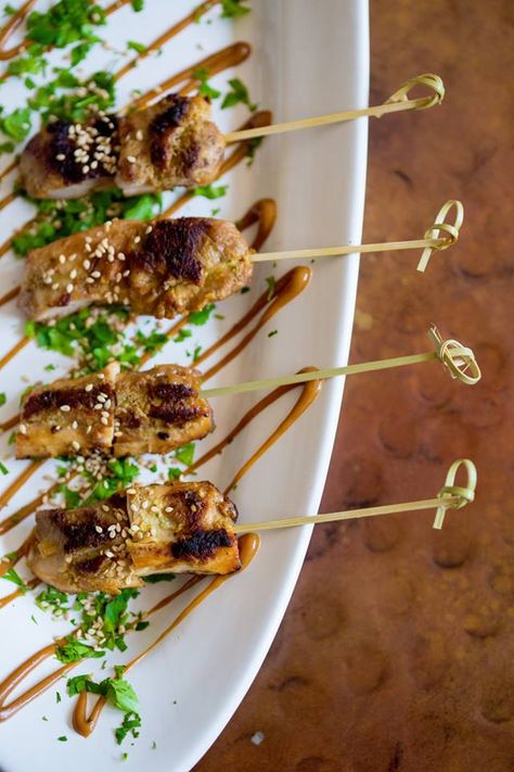 Our chicken skewers make the best appetizers for cocktail hour! Vegetable skewers also available. Appetizers For Cocktail Hour, Charcuterie Skewers, Buffet Styling, The Best Appetizers, Soup Bar, Cold Finger Foods, Salad Appetizer Cups, Mushroom Appetizers, Skewer Appetizers