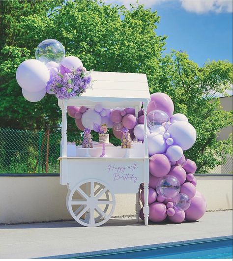 Candy Cart Birthday Decoration, Candy Cart With Balloon Garland, Candy Cart Decoration Ideas, Candy Cart Balloon Garland, Cart Balloon Decor, Dessert Cart With Balloons, Candy Cart Birthday, Candy Cart Decoration, Cart With Balloons