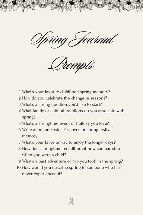 Embrace self-reflection and creativity with this collection of thoughtful journal prompts. Whether you're looking to set new goals, practice gratitude, explore your emotions, or simply spark inspiration, these prompts will guide you on a journey of self-discovery. Perfect for daily journaling, mindfulness exercises, or personal growth, this list encourages you to slow down, reflect, and express yourself in meaningful ways. Spring Journal Prompts, Journaling Mindfulness, Daily Journaling, Dig Deeper, Mindfulness Exercises, New Goals, Spark Creativity, Dig Deep, Practice Gratitude