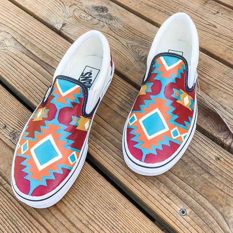 Vans Shoes Painting Ideas Easy, Vans Decorated, Western Painted Vans, Western Vans, Painted Vans Slip On, Adidas Girls Shoes, Paint Shoes, Stitch Shoes, Vans Painted