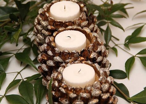 17 Easy DIY Holiday Candle Holders Diy Holiday Candle Holders, Diy Holiday Candles, Christmas Candle Holders Diy, Cone Candles, Pine Cone Ideas, Pinecone Candle Holder, Holiday Candle Holders, Thanksgiving Candles, Christmas Candles Diy