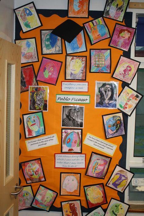 This classroom display would be a perfect way to showcase your class's work on Picasso inspired art. Birthday Classroom Ideas, Classroom Names, Picasso Inspired Art, Birthday Classroom, Art Bulletin Boards, Picasso Portraits, Picasso Inspired, Ourselves Topic, Display Area