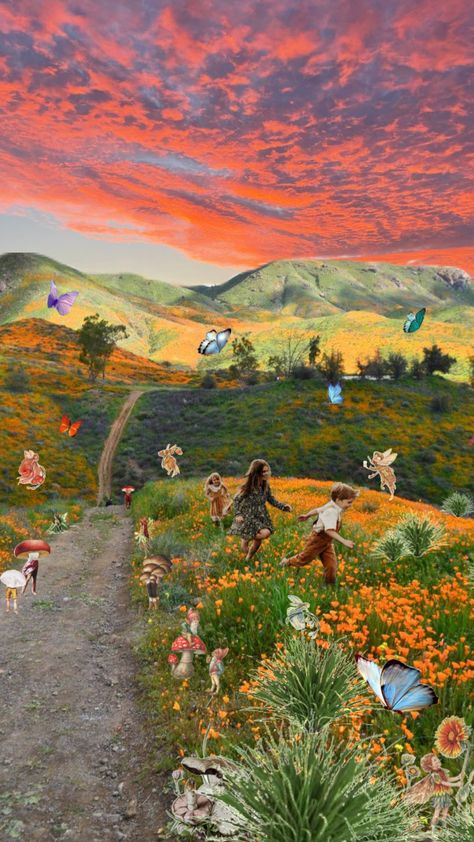 #field #fairies #butterfliesandflowers #elves #sunset #mushrooms #naturespirits #children #fantasyaesthetic #florafauna Nature Spirits, Fantasy Aesthetic, Flora And Fauna, Stuffed Mushrooms