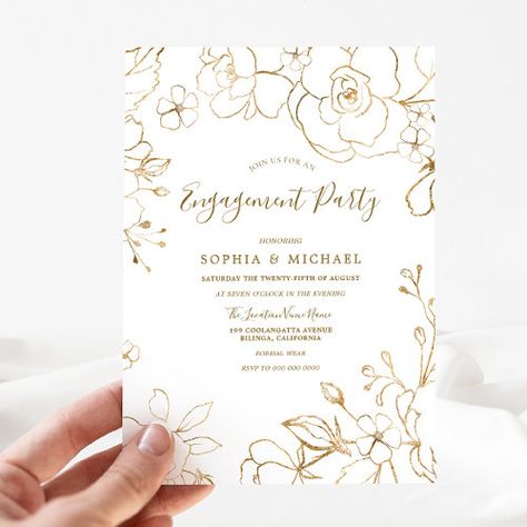 $2.95 | Gold Floral Elegant White Modern Engagement Party #gold, floral, elegant, white, modern, golden, flowers, engagement, engagement party, engagement shower White And Gold Engagement Party, Invitation Jacket, Engagement Party Invites, Modern Engagement Party, Engagement Party Vintage, Valencia Wedding, Invitation Border, Flowers Engagement, Invitations Engagement