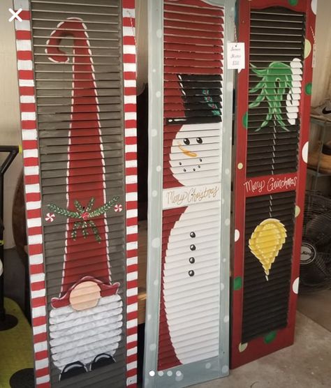 Painted Shutters For Christmas, Plastic Shutter Projects, Shutter Crafts Ideas Christmas, Shutter Projects Christmas, Repurpose Shutters Projects Diy, Christmas Shutters Diy, Vinyl Shutters Repurposed Ideas, Halloween Shutters, Repurposed Shutters Ideas