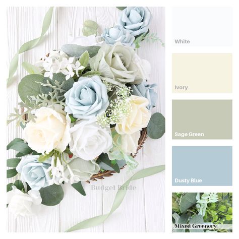 Bloom Color Palette - $300 Package Sage And Blue Wedding Theme, Dusty Blue Sage Green And Ivory Wedding, Pale Blue Wedding Decor, Dusty Blue And Sage Green Wedding Theme, Sage Green And Dusty Blue Wedding, Dusty Blue And Sage Green Wedding, Light Green Wedding Theme, Blue And Green Wedding Theme, Bloom Color Palette