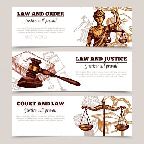 Horizontal banners on theme of rule of law with figure of Themis scales and hammer vector illustration. Editable EPS and Render in Law Presentation Background, Law Graphics, Law Graphic Design, Law Infographic, Law Drawing, Law Illustration, Law Poster, Law Logos Design, Lawyer Business Card