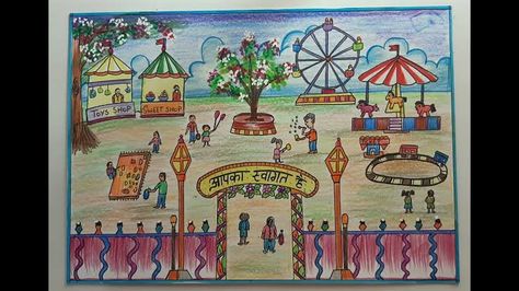 Village Fair Drawing, Drawing Competition Topics, Animal Sketches Easy, Save Water Poster Drawing, Village Fair, Drawing Topics, Easy Scenery Drawing, Village Drawing, Kids Art Studio