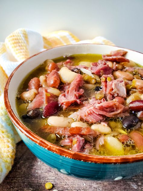 You will love this old fashioned ham and beans soup recipe! This is a perfect leftover ham soup with beans! This leftover holiday ham recipe will be perfect after Easter or after Christmas! 15 bean soup with ham bone starts with an easy 15 bean soup mix recipe! This ham and beans stovetop soup with a ham bone is so tasty! Ham And Beans Stovetop, Ham And Beans Soup, Bean Soup With Ham Bone, Soup With Ham Hock, Beans Stovetop, Leftover Ham Soup, 15 Bean Soup With Ham, Ham Bone Bean Soup, Old Fashioned Ham