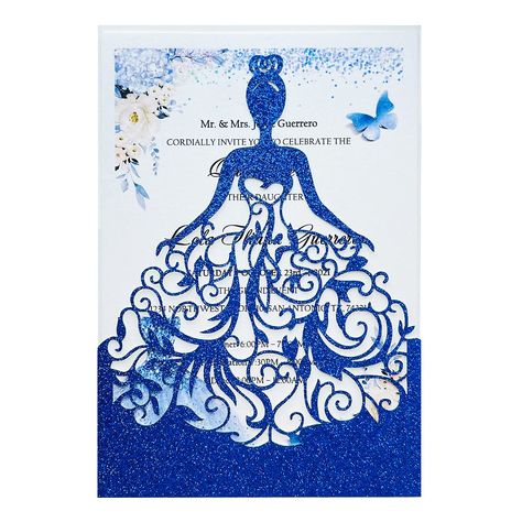 PRICES MAY VARY. Packaging includes: 50 laser cut royal blue invitations pockets, 50 Customized Pearlescent inner sheets, 50 envelopes, 50 seals. Invitations kit size: 5.12 x 7.28 inch royal blue glitter invitation pockets, 4.92 x 7.1 inch ivory pearlescent insert paper, 5.3x7.6 inch ivory envelopes. Invitation glitter pockets is 250g cardboard, the glitter does not fall off. Inner cards is 250g ivory pearl cards, The Pearl Paper is shiny and looks luxurious. How to customize printing: Please le Invitations For Quinceanera, Adobe Illustrator Templates, Quinceanera Invitation, Blue Laser, Blue Invitation, Glitter Invitations, Laser Cut Invitation, Quince Ideas, Invitation Kits