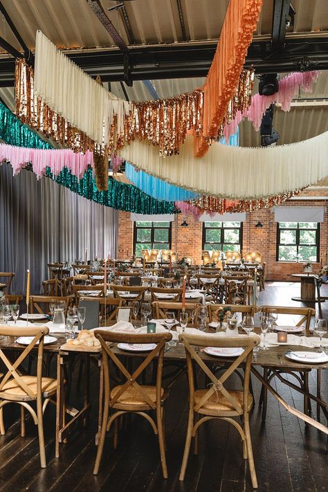 Colourful Wedding Marquee Decoration, Loft Party Decorations, Fringe Wedding Decor, Ribbon Party Decorations, Fringe Ceiling Decor, Streamers Ideas, Disco Reception, Eclectic Wedding Decor, Streamers Decorations