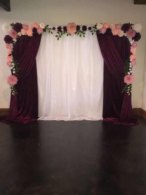 Made with lots of love here we have an 8' x 10' crepe paper flower backdrop.  Designed with a touch of lifelike flowers, roses, peonies and dhalias. Farewell Backdrop Ideas, Decor Lamaran, Pink And Cream Wedding, Maroon Decor, Burgundy Backdrop, Backdrop Draping, Burgundy And Grey Wedding, Burgundy Quinceanera, Wedding Backdrop Ideas