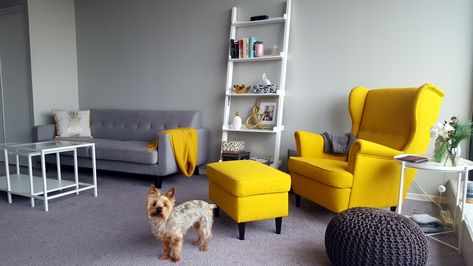 Ikea Strandmon Chair, Yellow Chair Living Room, Strandmon Chair, Ikea Strandmon, Penthouse Living, Blue Interior Design, Ikea Living Room, Furniture Design Chair, Yellow Chair