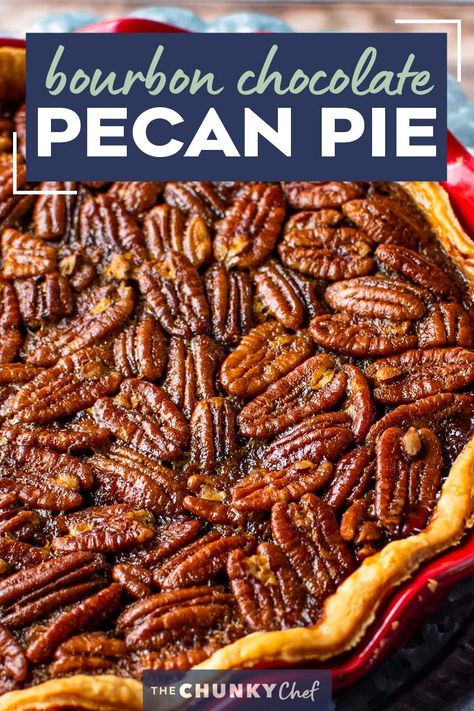 This Bourbon Chocolate Pecan Pie recipe is a fun twist on a classic Fall dessert, and a MUST for any Thanksgiving table.  The gooey, sugary center, warm oak-y flavor of the bourbon and decadent dark chocolate, and the crisp nutty top make this the ultimate holiday dessert! #pecanpie #pecan #chocolate #bourbon #thanksgiving #holiday #dessert #baking Burbon Pecan Pie, Bourbon Chocolate Pecan Pie, Bourbon Dessert, Bourbon Pecan Pie Recipe, Pecan Pumpkin Pie, Chocolate Chip Pecan Pie, Chocolate Pecan Pie Recipe, Chocolate Bourbon Pecan Pie, Classic Fall Desserts