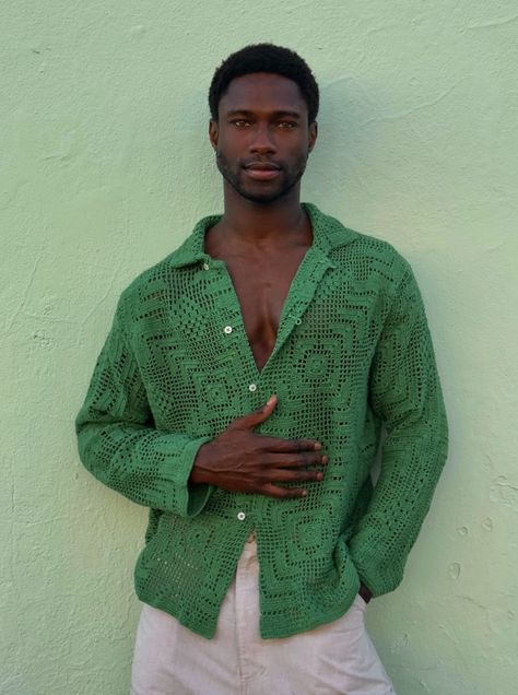 Crochet Men, High Fashion Men, Mens Fashion Streetwear, Crochet Shirt, Men Fashion Casual Outfits, Men Shirt Style, Knit Shirt, Button Up Shirt, Crochet Clothes