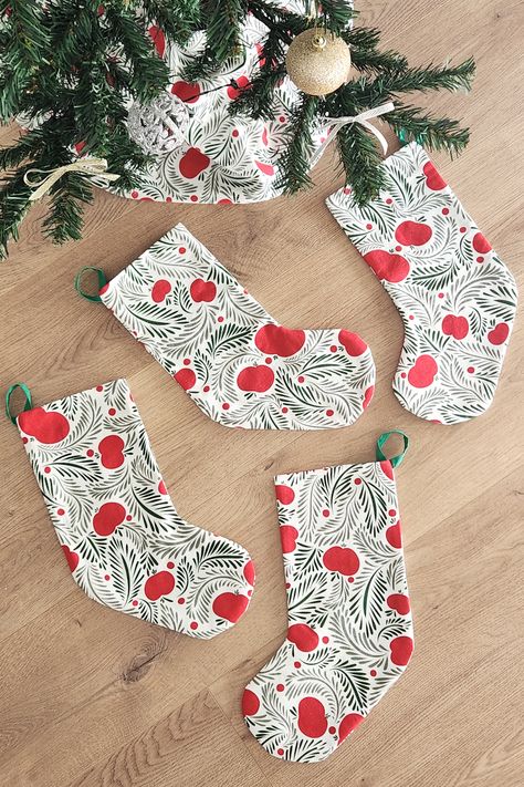 We moved to Portugal this year and couldn't bring our holiday decor with us. So, I asked my son what would make our apartment feel more like Christmas, and he said stockings! I wanted to make them really simple like this (without a cuff). I watched a YouTube video by Tidbits & Co that it was really helpful. In the video, she is sewing mini stockings, but I freehanded the size and shape of mine. With cutting included, they took a total of 3 hours. Mini Stocking Pattern, Sewing Simple, Mini Stockings, Sewing Projects Clothes, Sewing Things, Sewing Blogs, Sewing For Beginners, Learn To Sew, Simple Christmas