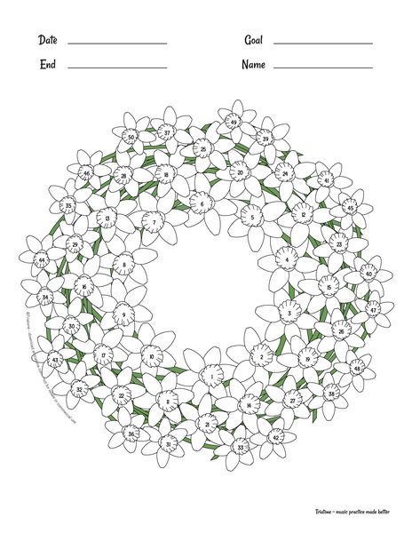 50 daffodil printable PDF to color in and track music goals Goal Coloring Sheet, Spending Tracker Template, Organize Journal, Journal Habit Tracker Ideas, Bullet Journal Habit Tracker Ideas, Dog Paw Print Art, College Notes Organization, Bullet Journal Template, Habit Tracker Ideas