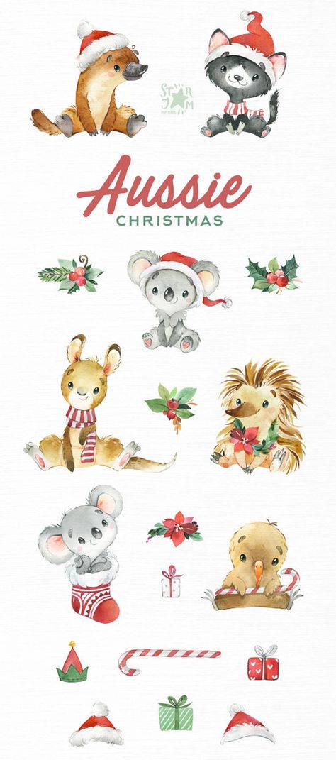 Aussie Christmas. Watercolor Australian Animals Clipart - Etsy Australia Christmas In Australia Decorations, Aussie Christmas Cards, Aussie Christmas Decorations, Australian Animals Illustration, Aussie Christmas Aesthetic, Australian Christmas Aesthetic, Australian Christmas Tree, Australian Christmas Cards, Cute Australian Animals