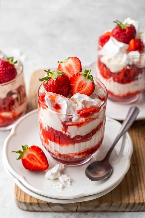 Strawberry Eton Mess | Emma Duckworth Bakes English Sweets, Seasonal Baking, British Desserts, Strawberry Mousse, Fruit Dessert Recipes, Roasted Strawberries, Eton Mess, Sweetened Whipped Cream, Dessert Simple