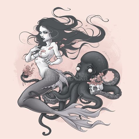 Mermaid Adoration by aleksandracupcake on DeviantArt Mermaid And Octopus, Arte Pin Up, Mermaid Drawings, Posca Art, Mermaid Tattoo, Mermaid Tattoos, Mermaids And Mermen, Goth Art, Mermaid Art