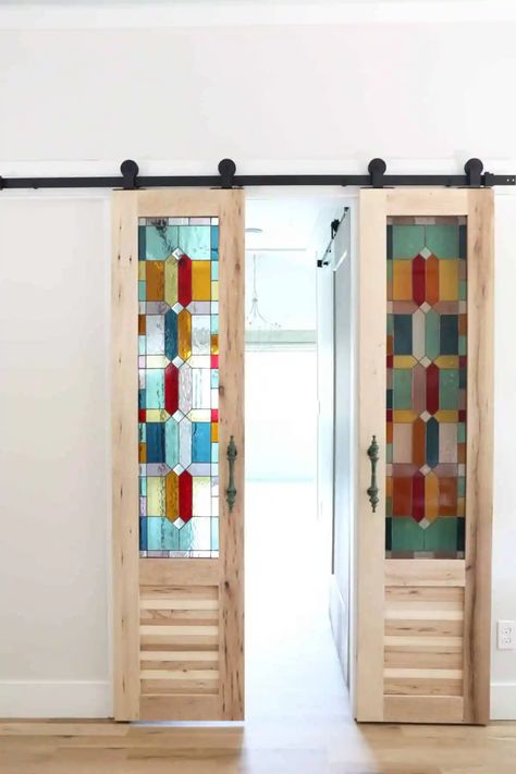 Stained Glass Farmhouse Decor, Colored Glass Doors Interior, Internal Stained Glass Window, Stained Glass Partition Wall, Stained Glass Corbels, Sliding Stained Glass Door, Stained Glass Windows Kitchen, Internal Stained Glass Doors, Door With Stained Glass Panel