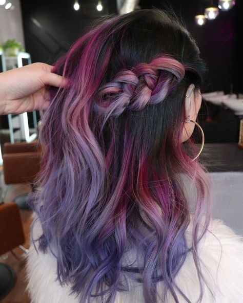 Latinas With Colored Hair, 2023 Vivid Hair Trends, Dark Fun Hair Color Ideas, Fun Hair Ideas For Brunettes, Color Block Purple Hair, Colorful Bayalage Hair, Vivid Color Balayage, Unique Dyed Hair Color Trends, Fun Color Balayage Hair