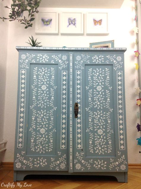 DIY Stenciled Anthropologie Dresser Knock-off | Craftify My Love Diy Ikea Wardrobe, Dresser Appliques, Wardrobe Painting, Anthropologie Dresser, Stenciled Furniture Diy, Dresser Inspo, Dresser Remodel, Stencil Dresser, Anthropologie Furniture