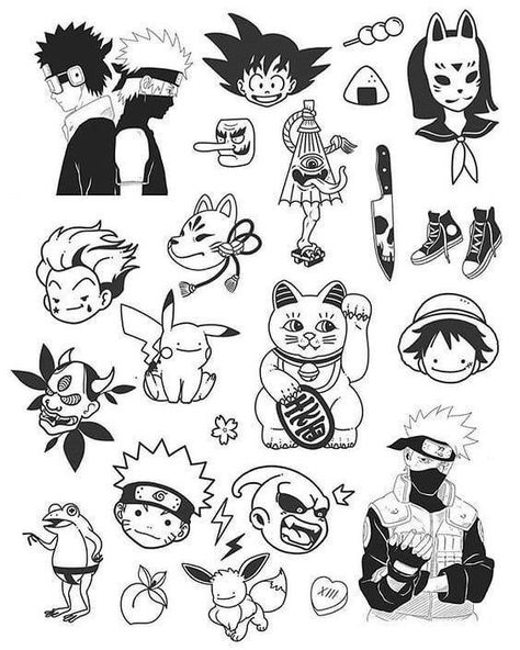 Small Anime Tattoo, Anime Tattoo Stencil, Anime Flash Tattoo, Flash Tattoo Ideas, Tato Naruto, Stencils Tattoo, Tato Flash, Easy Tattoo, Art Flash