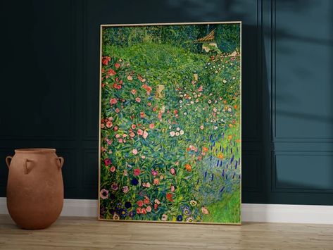 Aureous - Etsy Dark Green Wall Art, Art Nouveau Room, Italian Garden Landscaping, Art Nouveau Living Room, Klimt Prints, Emerald Green Decor, Floral Art Nouveau, Gustav Klimt Art, Dark Green Walls