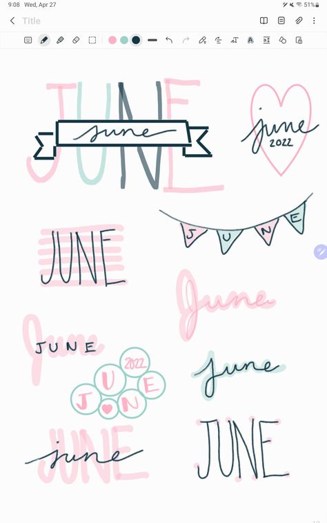 Scrapbook Writing Fonts, 1 Month Scrapbook Page, June Font Ideas, June In Cursive, April Font Hand Lettering, June Cursive, June Handlettering, Journaling Headers, June Header