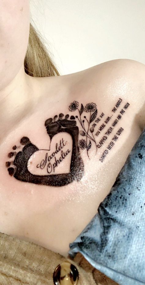 Daughter Dedication Tattoo, Footprint With Flowers Tattoo, My Daughters Keeper Tattoo, Goddaughter Tattoo Ideas, First Daughter Tattoo, Baby Feet Tattoos For Moms, Baby Foot Tattoos For Moms, Baby Footprint Tattoo Ideas For Mom, Baby Girl Tattoo Ideas For Mom